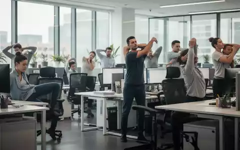 Büroangestellte führen Diskretionen Dehnübungen an ihren Schreibtischen in einem modernen Büro durch. - Foto: über boerse-global.de