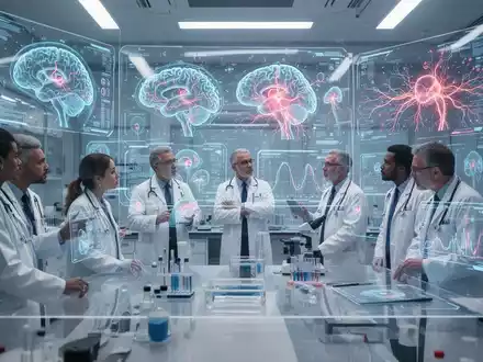 Ein futuristisches medizinisches Labor mit holografischen Gehirnscans und Schmerzpfaden, die auf Bildschirmen angezeigt werden. - Foto: über boerse-global.de