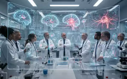 Ein futuristisches medizinisches Labor mit holografischen Gehirnscans und Schmerzpfaden, die auf Bildschirmen angezeigt werden. - Foto: über boerse-global.de