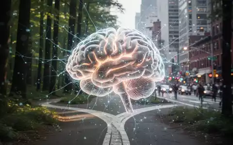 Ein stilisiertes, leuchtendes menschliches Gehirn mit neuronalen Mustern vor einem Waldweg und einer Stadtstraße, das mentale Flexibilität und Überlastung symbolisiert. - Foto: über boerse-global.de