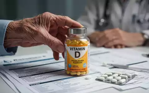 Eine ältere Hand greift nach einer Vitamin-D-Flasche vor einem unscharfen Hintergrund mit medizinischen Berichten und Kalziumtabletten. - Foto: über boerse-global.de