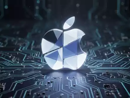 Abstraktes, leuchtendes Apple Mac-Symbol, in geometrische Formen zerlegt, schwebend über digitalem Leiterplattenhintergrund. - Foto: über boerse-global.de
