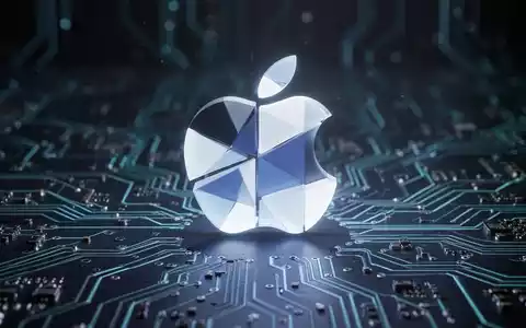 Abstraktes, leuchtendes Apple Mac-Symbol, in geometrische Formen zerlegt, schwebend über digitalem Leiterplattenhintergrund. - Foto: über boerse-global.de
