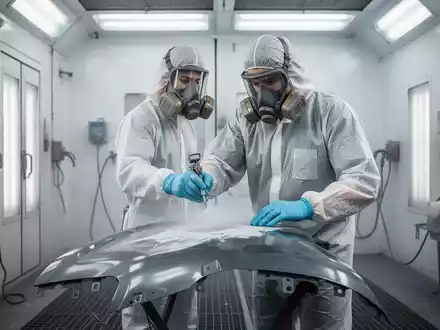Ein Maler in voller Schutzausrüstung sprüht Farbe in einer modernen Lackierkabine, mit Fokus auf Sicherheit und Präzision. - Foto: über boerse-global.de