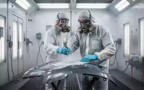 Ein Maler in voller Schutzausrüstung sprüht Farbe in einer modernen Lackierkabine, mit Fokus auf Sicherheit und Präzision. - Foto: über boerse-global.de