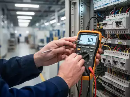 Hände eines Elektrikers bei der DGUV V3 Prüfung industrieller Elektrogeräte mit einem Multimeter in einer Fabrik. Fokus auf Präzision und Sicherheit. - Foto: über boerse-global.de