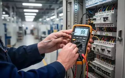 Hände eines Elektrikers bei der DGUV V3 Prüfung industrieller Elektrogeräte mit einem Multimeter in einer Fabrik. Fokus auf Präzision und Sicherheit. - Foto: über boerse-global.de