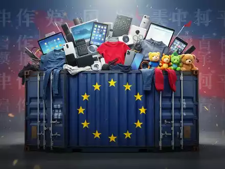 Ein stilisiertes Bild eines Schiffscontainers mit EU-Flaggenmotiv, der mit Konsumgütern überquillt, vor chinesischen Schriftzeichen. - Foto: über boerse-global.de