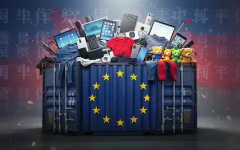 Ein stilisiertes Bild eines Schiffscontainers mit EU-Flaggenmotiv, der mit Konsumgütern überquillt, vor chinesischen Schriftzeichen. - Foto: über boerse-global.de