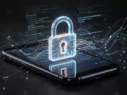 Leuchtendes digitales Vorhängeschloss-Symbol auf Smartphone-Bildschirm, umgeben von abstrakten Codezeilen, symbolisiert mobile Sicherheit und Datenschutz. - Foto: über boerse-global.de