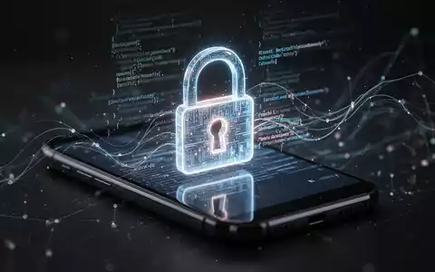 Leuchtendes digitales Vorhängeschloss-Symbol auf Smartphone-Bildschirm, umgeben von abstrakten Codezeilen, symbolisiert mobile Sicherheit und Datenschutz. - Foto: über boerse-global.de