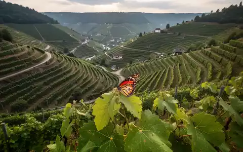 Steile, terrassierte Weinberge im Moseltal mit einem Apollofalter auf einem Blatt im Vordergrund, der die Konflikte zwischen Landwirtschaft und Umweltschutz symbolisiert. - Foto: über boerse-global.de