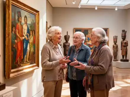 Ältere Menschen in einem Museum, die lebhaft über ein Kunstwerk diskutieren, umgeben von kulturellen Exponaten. - Foto: über boerse-global.de