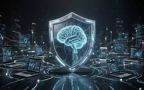 Stilisierter digitaler Schild mit KI-Gehirn-Symbol, überlagert von leuchtenden Datenlinien. - Foto: über boerse-global.de