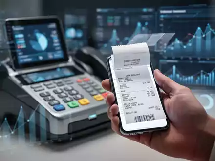 Eine Hand hält ein Smartphone mit einer digitalen Quittung, im Hintergrund ein Kassenterminal und Finanzdaten-Visualisierungen. - Foto: über boerse-global.de