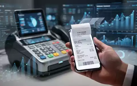 Eine Hand hält ein Smartphone mit einer digitalen Quittung, im Hintergrund ein Kassenterminal und Finanzdaten-Visualisierungen. - Foto: über boerse-global.de