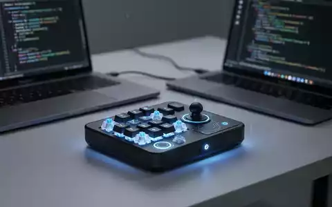 Schlankes, kompaktes, quadratisches Makro-Pad mit mechanischen Schaltern, Joystick und Touch-Sensor, blau leuchtend. - Foto: über boerse-global.de