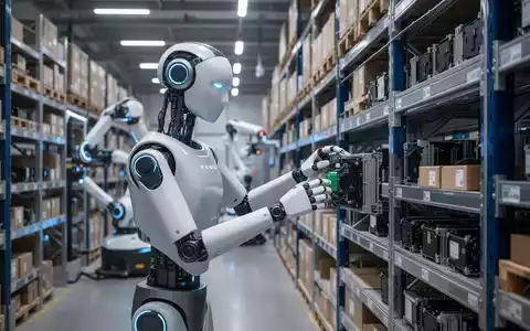 Humanoides Robot, ähnlich Tesla Optimus, arbeitet in High-Tech-Lager, symbolisiert Automatisierung und Zukunft der Logistik. - Foto: über boerse-global.de