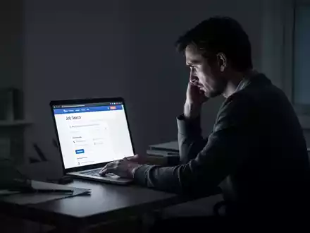 Eine nachdenkliche Person sitzt an einem Schreibtisch vor einem Laptop, der ein Jobportal zeigt, um die psychische Belastung durch lange Jobsuche darzustellen. - Foto: über boerse-global.de
