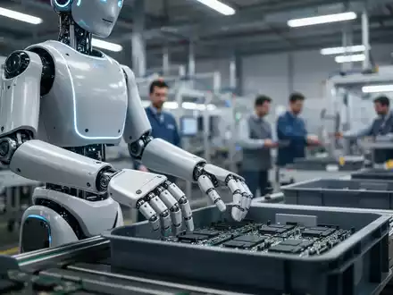 Humanoides Robot mit schlankem Design und leuchtenden Sensoren an Kopf und Brust, arbeitet in moderner Fabrik. - Foto: über boerse-global.de