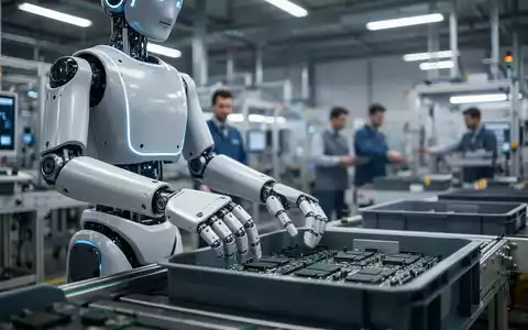 Humanoides Robot mit schlankem Design und leuchtenden Sensoren an Kopf und Brust, arbeitet in moderner Fabrik. - Foto: über boerse-global.de