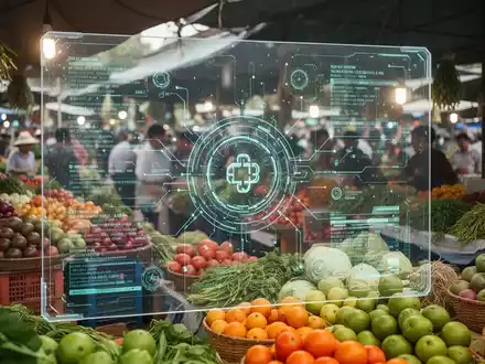 Digitales Blockchain-Ledger über einem geschäftigen vietnamesischen Agrarmarkt mit frischen Produkten. - Foto: über boerse-global.de