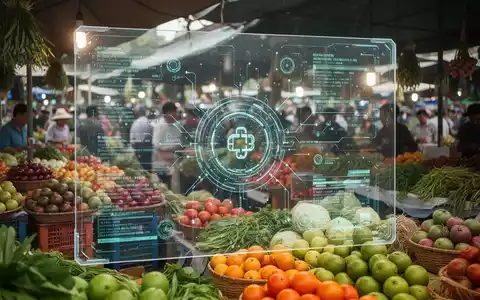 Digitales Blockchain-Ledger über einem geschäftigen vietnamesischen Agrarmarkt mit frischen Produkten. - Foto: über boerse-global.de