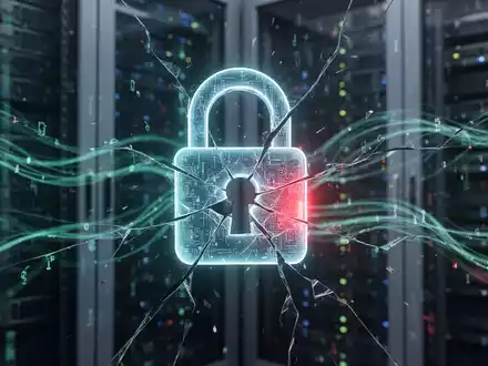 Ein stilisiertes, leuchtendes digitales Schlosssymbol vor unscharfen Serverracks und Datenströmen, das Datensicherheit symbolisiert. - Foto: über boerse-global.de