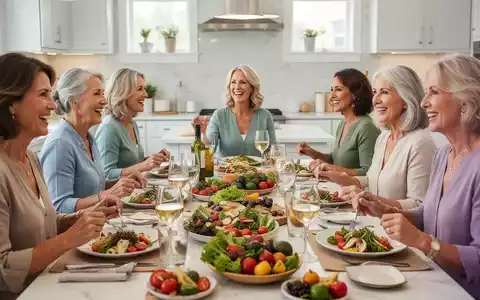 Eine Gruppe lachender Frauen mittleren Alters isst gemeinsam eine gesunde Mahlzeit, die frisches Gemüse und Fisch enthält. - Foto: über boerse-global.de