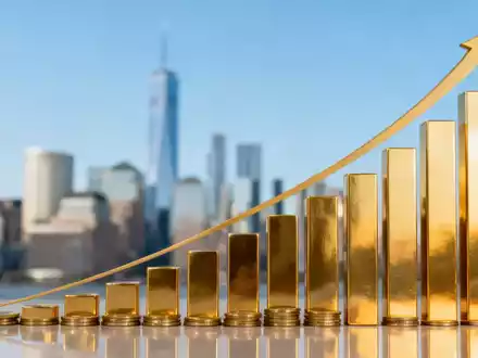 Ein stilisierter, aufwärts gerichteter Balkenchart aus Goldmünzen vor einer unscharfen Skyline eines Finanzviertels. - Foto: über boerse-global.de
