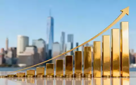 Ein stilisierter, aufwärts gerichteter Balkenchart aus Goldmünzen vor einer unscharfen Skyline eines Finanzviertels. - Foto: über boerse-global.de