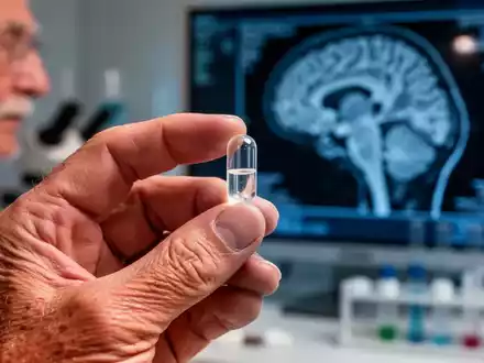 Nahaufnahme einer älteren Hand, die eine klare Kapsel hält, mit unscharfem medizinischem oder Forschungs-Hintergrund. - Foto: über boerse-global.de