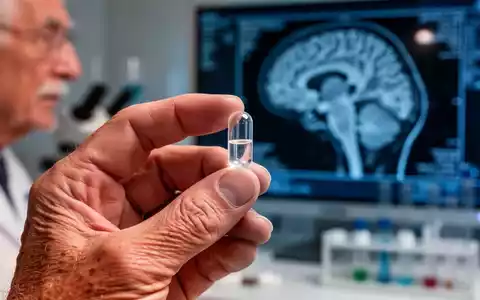 Nahaufnahme einer älteren Hand, die eine klare Kapsel hält, mit unscharfem medizinischem oder Forschungs-Hintergrund. - Foto: über boerse-global.de