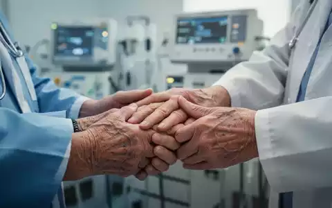 Hände einer Pflegekraft, die die Hand einer älteren Person halten, mit verschwommenem medizinischem Hintergrund. - Foto: über boerse-global.de