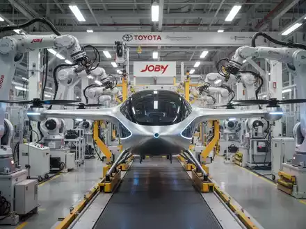 Ein futuristisches eVTOL-Flugzeug in einer Montagelinie mit Roboterarmen und moderner Fertigung in einer Fabrikhalle. - Foto: über boerse-global.de