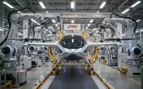 Ein futuristisches eVTOL-Flugzeug in einer Montagelinie mit Roboterarmen und moderner Fertigung in einer Fabrikhalle. - Foto: über boerse-global.de