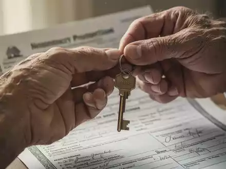 Eine verwitterte Hand hält einen Schlüssel vor einem unscharfen Hintergrund eines Hauses oder einer Eigentumsurkunde, der Erbschaft symbolisiert. - Foto: über boerse-global.de