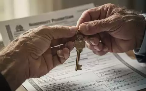 Eine verwitterte Hand hält einen Schlüssel vor einem unscharfen Hintergrund eines Hauses oder einer Eigentumsurkunde, der Erbschaft symbolisiert. - Foto: über boerse-global.de