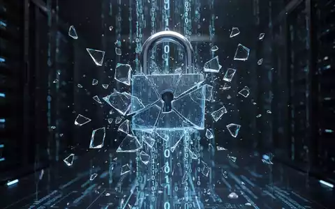 Ein digitales Vorhängeschloss zerspringt in leuchtend blaue Fragmente, Binärcode fließt in einer dunklen High-Tech-Umgebung herab. - Foto: über boerse-global.de