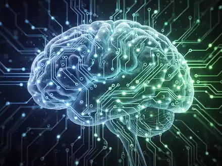 Leuchtendes, komplexes neuronales Netzwerk-Gehirn mit Leiterplattenmustern, das KI-Optimierung und Effizienz symbolisiert. - Foto: über boerse-global.de