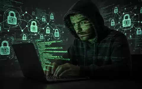 Schattenhafte Gestalt in Kapuzenpulli tippt auf Laptop, grüne Codezeilen reflektieren auf Gesicht. - Foto: über boerse-global.de