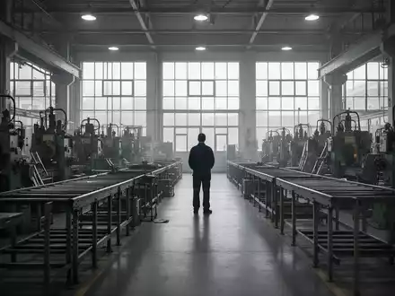 Ein einsamer Arbeiter steht in einer leeren Fabrikhalle mit stillgelegten Maschinen, die eine wirtschaftliche Krise symbolisiert. - Foto: über boerse-global.de