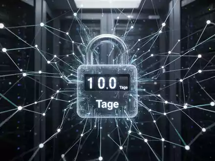 Ein Netzwerk aus leuchtenden digitalen Linien und Knoten, die sich auf ein digitales Vorhängeschloss mit einem Countdown-Timer zubewegen, der 100 Tage anzeigt. - Foto: über boerse-global.de