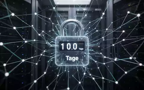 Ein Netzwerk aus leuchtenden digitalen Linien und Knoten, die sich auf ein digitales Vorhängeschloss mit einem Countdown-Timer zubewegen, der 100 Tage anzeigt. - Foto: über boerse-global.de