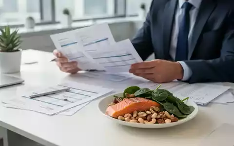 Eine Person bei der Arbeit mit einem gesunden, proteinreichen Essen auf dem Schreibtisch, das Konzentration und Gehirngesundheit symbolisiert. - Foto: über boerse-global.de