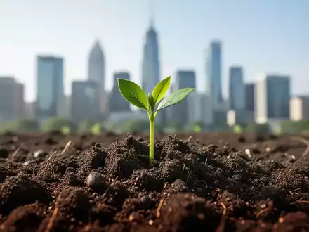 Nahaufnahme von fruchtbarem Boden mit einem zarten grünen Trieb, der daraus sprießt, im Hintergrund eine verschwommene Stadtlandschaft. - Foto: über boerse-global.de