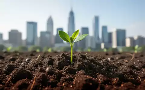 Nahaufnahme von fruchtbarem Boden mit einem zarten grünen Trieb, der daraus sprießt, im Hintergrund eine verschwommene Stadtlandschaft. - Foto: über boerse-global.de