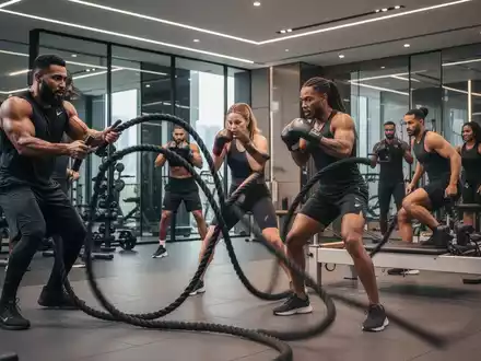 Prominente Persönlichkeiten beim Training in einem modernen Fitnessstudio, das verschiedene Sportarten wie Boxen, Pilates und Seiltraining zeigt. - Foto: über boerse-global.de