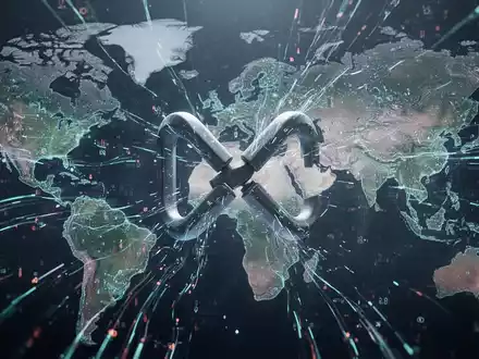 Eine digitale Darstellung von Daten, die über den Atlantik fließen, mit einem deutlich sichtbaren 'X', das eine Unterbrechung symbolisiert. - Foto: über boerse-global.de