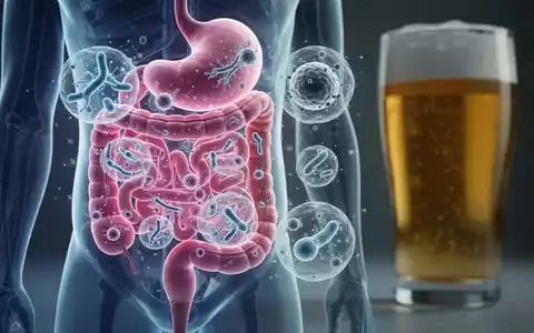 Ein detailliertes Modell eines menschlichen Darms mit digitalen Überlagerungen von Darmbakterien, daneben ein unscharfes Bierglas. - Foto: über boerse-global.de